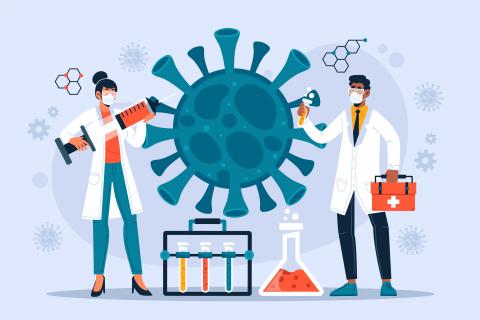 ilustrace muže a ženy v laboratorním plášti jak s injekční stříkačkou a kufříkem bojují proti viru